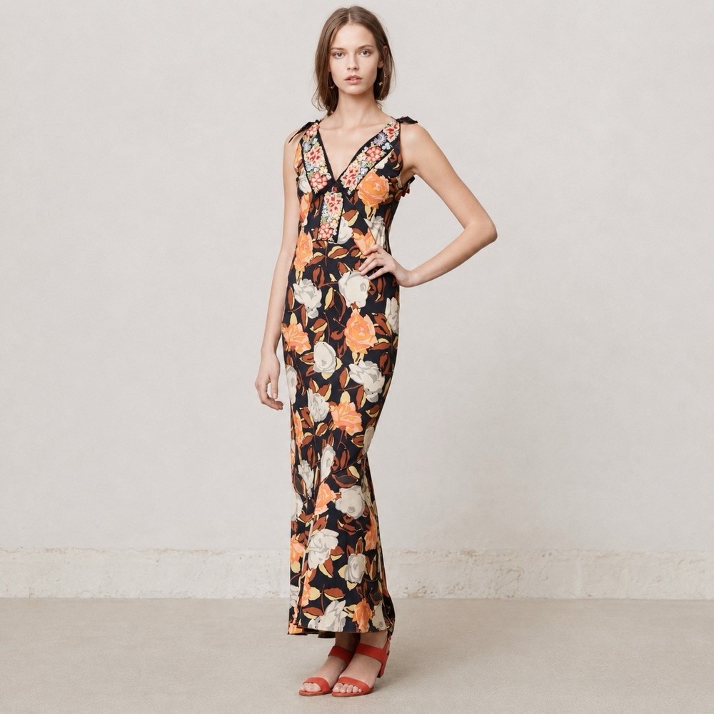 Anthropologie BURNING TORCH 100% SILK Floral Embroidered Carmen Fit Maxi Dress 8